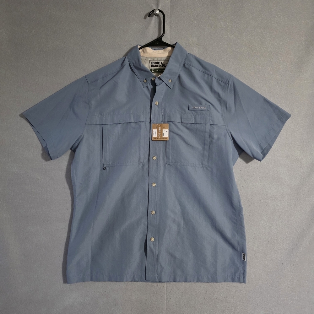 NWT Eddie Bauer Mens Chambray Blue Rainer Ripstop S/S Shirt 1685 Size Large